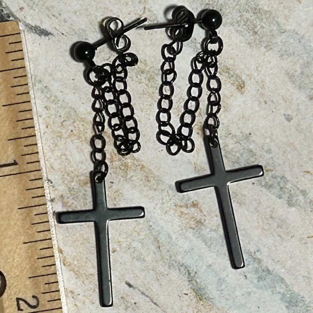New Black Surgical Steel Chain Fringe Cross Pierced Post Earrings Rock Star Goth
